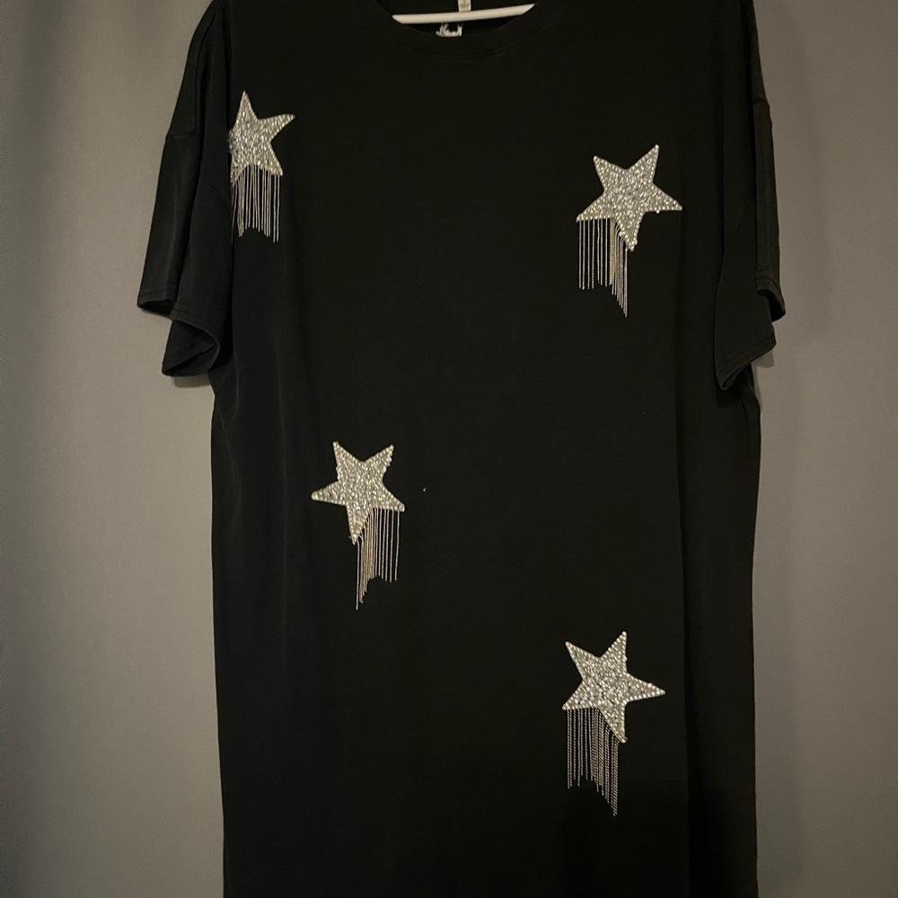 Black T-Shirt with Silver Star Accents